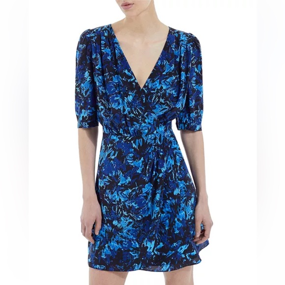 The Kooples Dresses & Skirts - The Kooples • Women’s Blue Firework Printed Silk Faux Wrap Dress Size 3 NWT